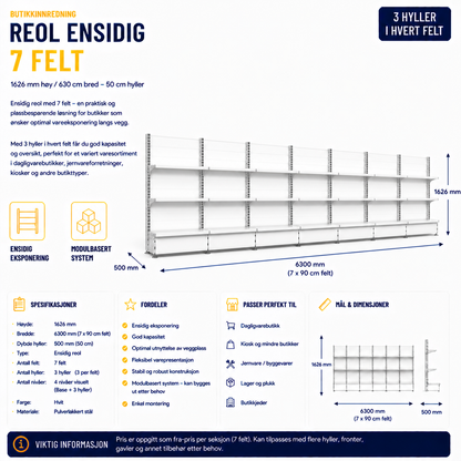 Reol ensidig 7 felt – 1626 mm høy / 900 cm bred – 14 x 50 cm hyller