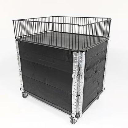 Brukt palleeksponering halvpall – komplett med hjul, topp og trådkarm (sort)