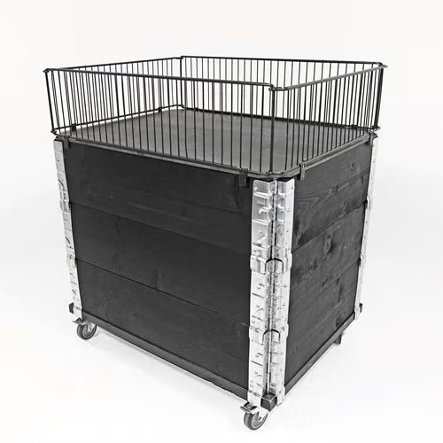 Brukt palleeksponering halvpall – komplett med hjul, topp og trådkarm (sort)