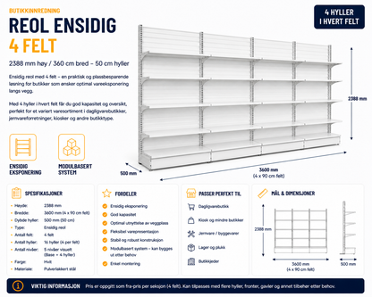 Reol ensidig 4 felt – 2388 mm høy / 360 cm bred – 16 x 50 cm hyller