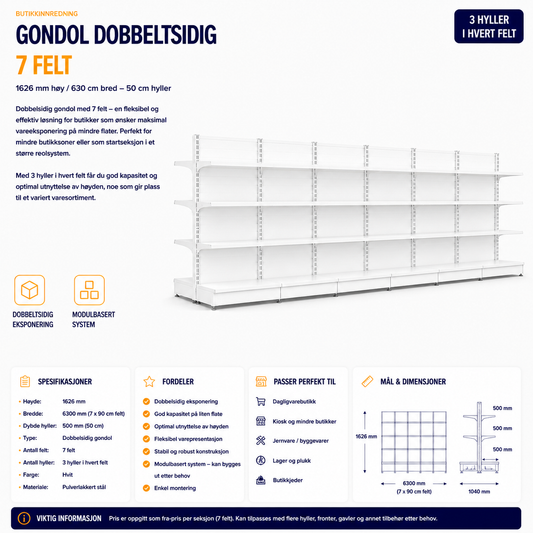 Gondol Dobbeltsidig 7 Felt  1626 mm høy / 630 cm bred – 42 x 50 cm hyller