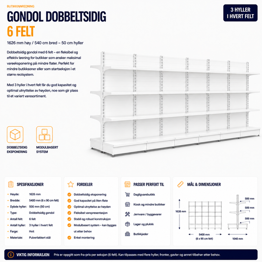 Gondol Dobbeltsidig 6 Felt  1626 mm høy / 540 cm bred – 36 x 50 cm hyller