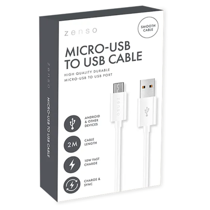 Zenso White Micro-USB To USB Cable 2m Hylledisplay