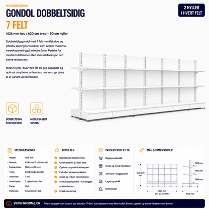 Gondol Dobbeltsidig 7 felt  1626 mm høy / 630 cm bred – 28 x 50 cm hyller