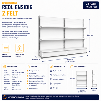 Reol ensidig 2 felt – 1626 mm høy / 900 cm bred – 4 x 50 cm hyller