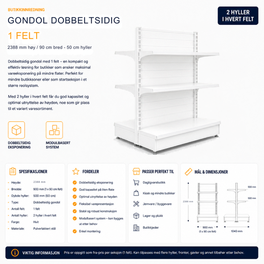 Gondol dobbeltsidig 1 felt – 2388 mm høy / 90 cm bred – med 4 x 50 cm hyller