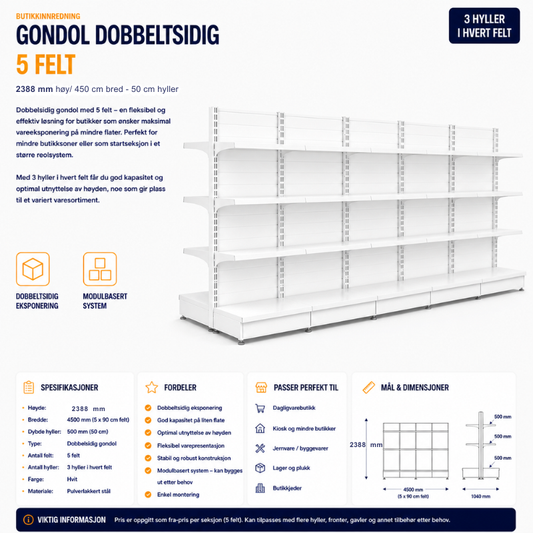 Gondol dobbeltsidig 5 felt – 2388 mm høy / 450 cm bred – 30 x 50 cm hyller