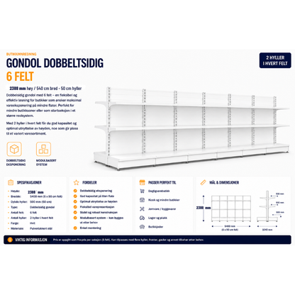 Gondol dobbeltsidig 6 felt – 2388 mm høy / 540 cm bred – 24 x 50 cm hyller