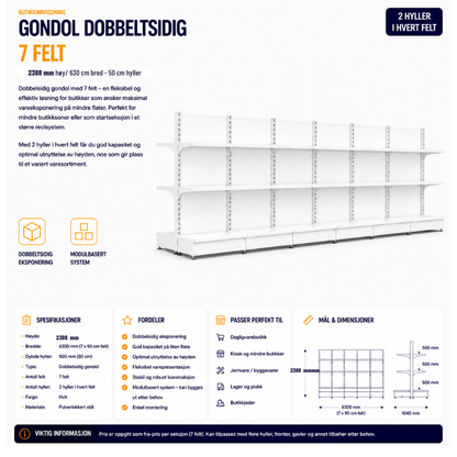 Gondol dobbeltsidig 7 felt – 2388 mm høy / 630 cm bred – 28 x 50 cm hyller