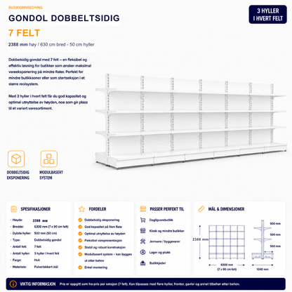 Gondol dobbeltsidig 7 felt – 2388 mm høy / 630 cm bred – 42 x 50 cm hyller