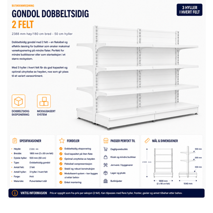 Gondol dobbeltsidig 2 felt – 2388 mm høy / 270 cm bred – 12 x 50 cm hyller