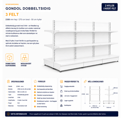 Gondol dobbeltsidig 3 felt – 2388 mm høy / 360 cm bred – 12 x 50 cm hyller