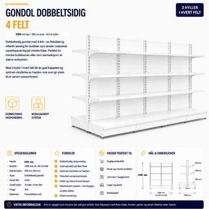 Gondol dobbeltsidig 4 felt – 2388 mm høy / 360 cm bred – 24 x 50 cm hyller
