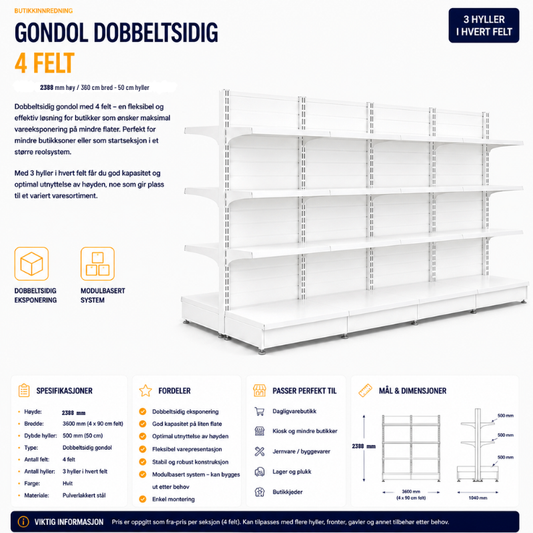 Gondol dobbeltsidig 4 felt – 2388 mm høy / 360 cm bred – 24 x 50 cm hyller