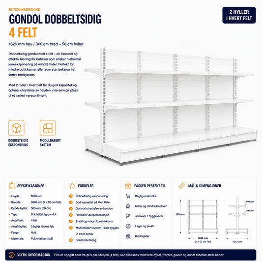 Gondol Dobbeltsidig 4 felt – 1626 mm høy / 360 cm bred – 16 x 50 cm hyller