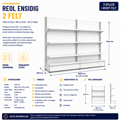 Reol ensidig 2 felt – 1626 mm høy / 900 cm bred – 6 x 50 cm hyller