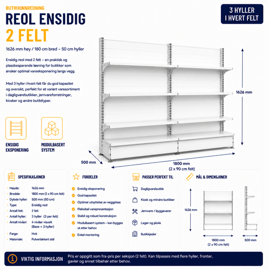 Reol ensidig 2 felt – 1626 mm høy / 900 cm bred – 6 x 50 cm hyller