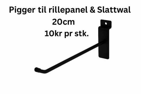 Brukte slatwall pigger 20 cm – sort for rillepanel / spilevegg