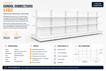 Gondol dobbeltsidig 5 Felt  1626 mm høy / 450 cm bred – 20 x 50 cm hyller