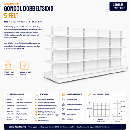 Gondol Dobbeltsidig 5 felt – 1626 mm høy / 450 cm bred – 30 x 50 cm hyller