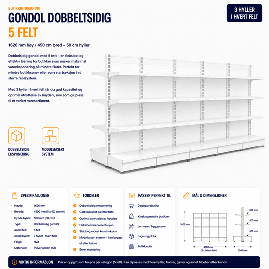 Gondol Dobbeltsidig 5 felt – 1626 mm høy / 450 cm bred – 30 x 50 cm hyller