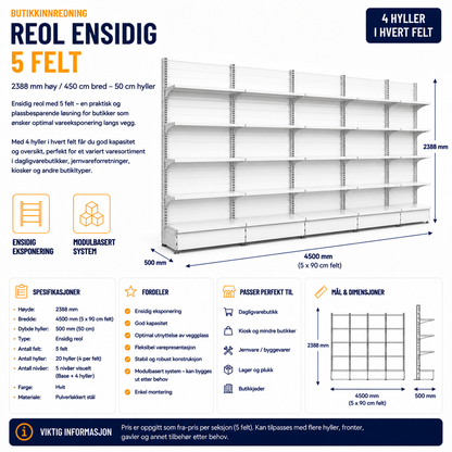 Reol ensidig 5 felt – 2388 mm høy / 450cm bred – 20 x 50 cm hyller