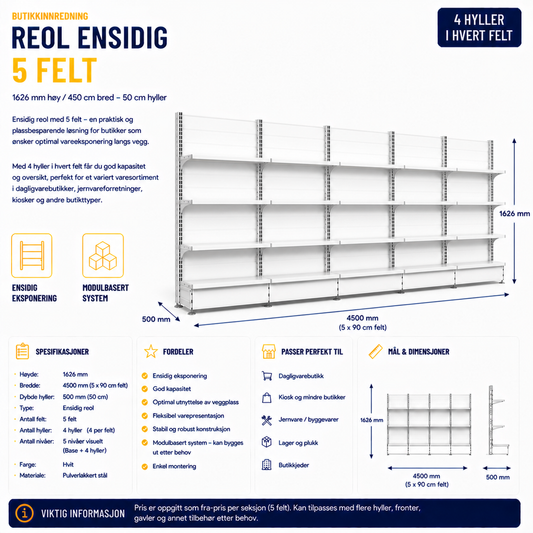 Reol ensidig 5 felt – 1626 mm høy / 900 cm bred – 12 x 50 cm hyller