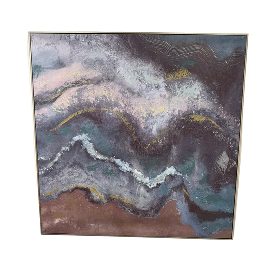 Brukt veggkunst 100x100 cm – abstrakt trykk med akryl og glitter