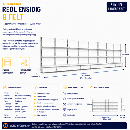 Reol ensidig 9 felt – 1626 mm høy / 900 cm bred – 18 x 50 cm hyller