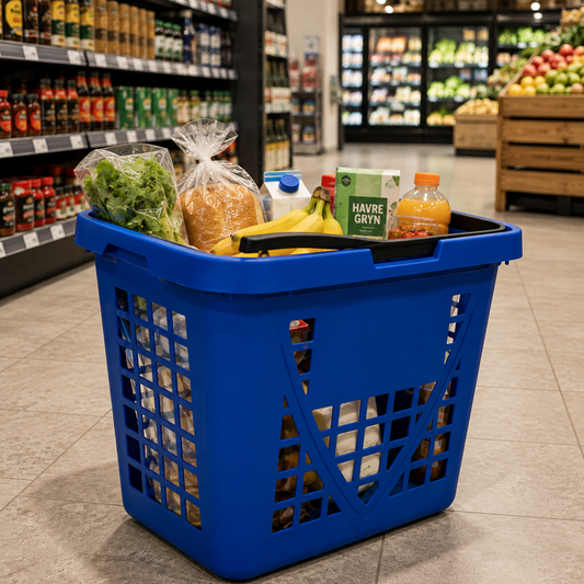 Brukt handlekurv 80L med hjul – blå trillekurv (stor modell)