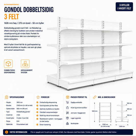 Gondol Dobbeltsidig 3 felt – 1626 mm høy / 270 cm bred – 18 x 50 cm hyller