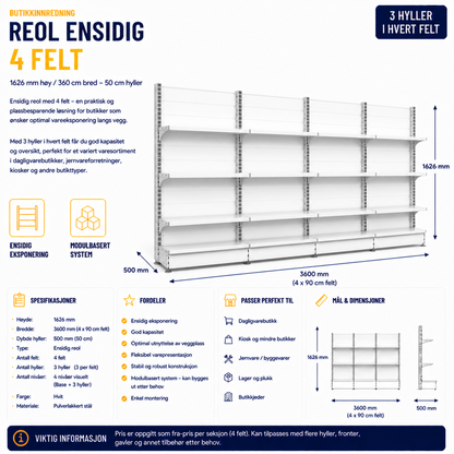 Reol ensidig 4 felt – 1626 mm høy / 900 cm bred – 12 x 50 cm hyller