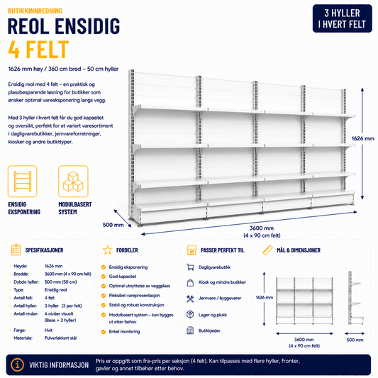 Reol ensidig 4 felt – 1626 mm høy / 900 cm bred – 12 x 50 cm hyller