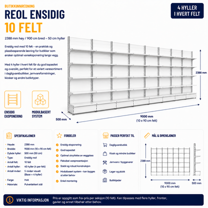 Reol ensidig 10 felt – 2388 mm høy / 900 cm bred – 40 x 50 cm hyller