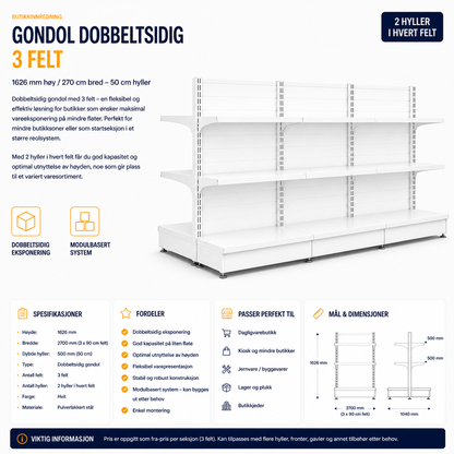 Gondol Dobbeltsidig 3 felt – 1626 mm høy / 360 cm bred – 12 x 50 cm hyller