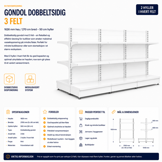 Gondol Dobbeltsidig 3 felt – 1626 mm høy / 360 cm bred – 12 x 50 cm hyller