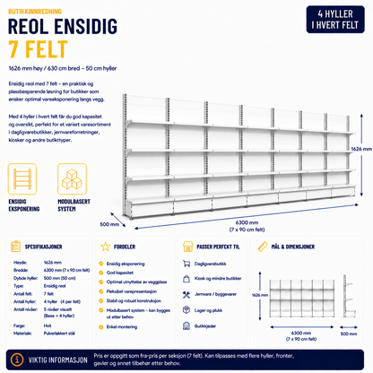 Reol ensidig 7 felt – 1626 mm høy / 900 cm bred – 21 x 50 cm hyller
