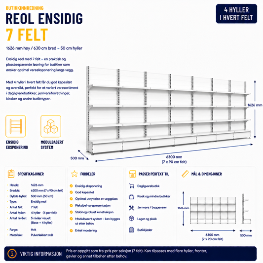 Reol ensidig 7 felt – 1626 mm høy / 900 cm bred – 21 x 50 cm hyller