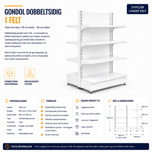 Gondol Dobbeltsidig 1 felt – 1626 mm høy / 90 cm bred – 6 x 50 cm hyller