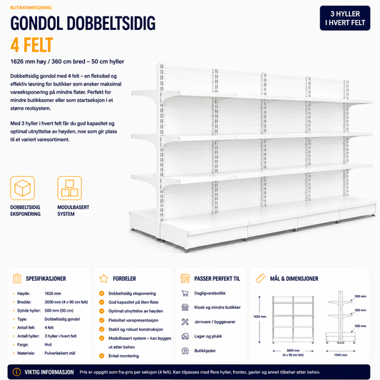 Gondol Dobbeltsidig 4 felt – 1626 mm høy / 360 cm bred –  24x 50 cm hyller