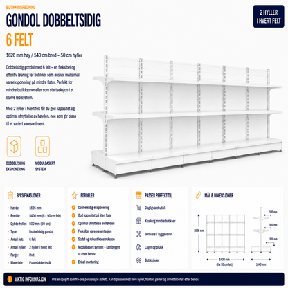 Gondol Dobbeltsidig 6 Felt  1626 mm høy / 540 cm bred – 24 x 50 cm hyller